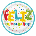 Colorful party plates featuring Feliz Cumpleaños and Happy Birthday text