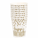 Paper cups with gold confetti Happy Birthday design displayed together