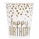 Close-up of gold confetti and Happy Birthday design on paper cups
