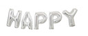 Silver "HAPPY" letter balloon banner displayed on a white background.