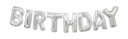 Silver "BIRTHDAY" letter balloon banner displayed on a white background.