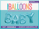 Light blue foil balloon banner spelling "BABY" with twine included, packaged on a blue display card