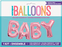 Pink foil balloon banner spelling "BABY" with included twine, designed for baby showers or gender reveal parties.