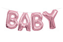 Pink foil balloon banner spelling "BABY"