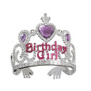 Unique Birthday Girl Tiara in silver with pink gems and glittery "Birthday Girl" message, shown in packaging.