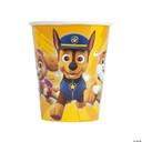 PAW Patrol party cups featuring Chase, Skye, and Rubble on a bright yellow background.