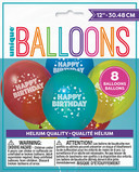 12-inch multi-colored “Happy Birthday” balloons, 8 count party balloons