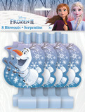 A pack of eight Frozen II party blowouts, each decorated with a smiling Olaf surrounded by white snowflakes on a gradient blue and purple background. The blowouts come with light blue mouthpieces, and the packaging features Elsa and Anna in a snowy forest setting.