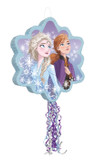 A snowflake-shaped Frozen II piñata featuring a dreamy illustration of Elsa and Anna surrounded by icy blue and purple tones. Long pull strings in matching colors hang from the bottom, allowing children to take turns for a magical surprise release.