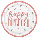 Paper plate showing a Happy Birthday design in rose gold