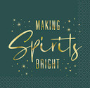 Dark green paper napkins with gold “Making Spirits Bright” lettering for holiday parties