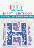“Happy Birthday” purple and blue letter banner with confetti inside each letter