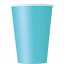 Close-up of teal paper cups