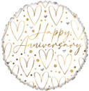 18-inch Happy Anniversary Round Foil Balloon with gold hearts and glitter dots on white