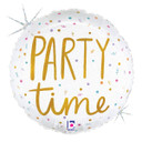 Round white party balloon with metallic gold lettering and colorful confetti