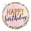 Pink Happy Birthday balloon with gold lettering and pastel striped border