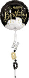 Tall birthday foil balloon with black top and dangling HBD letter tail
