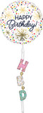 Giant 69-inch Happy Birthday foil balloon with confetti dots and dangling HBD letters