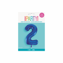 Foil balloon shaped like number two in blue