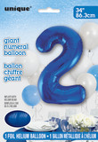 Front packaging of Unique Giant Foil Balloon "2" in blue, showing the "34 inch" size.