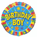 Birthday Boy Foil Balloons in Blue with Color Stars and Color Stripe