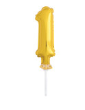 Gold number '1' balloon cake topper with stick isolated on a white background.