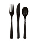 Black plastic cutlery set including fork, knife, and spoon