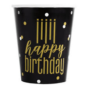 8ct Gold & Black Happy Birthday Cups 9oz