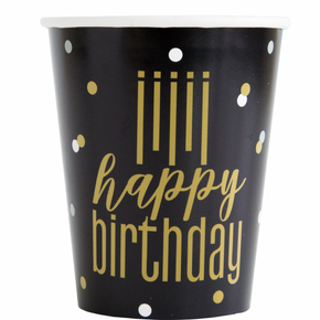 Black and gold birthday party cups shown together