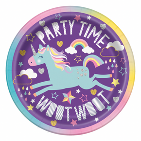 Disposable paper plate featuring a unicorn design