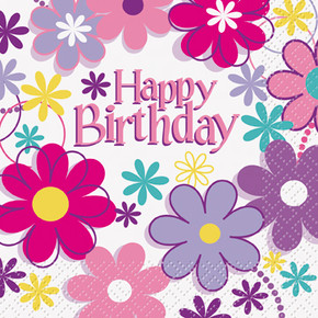 Happy Birthday Blossoms Beverage Napkins - 16 count, 2-ply with vibrant blossom design and "Happy Birthday" text.