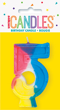 Front view of the packaged Rainbow Number 5 Birthday Candle in multicolor.