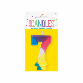 Birthday cake candle shaped as rainbow number 7