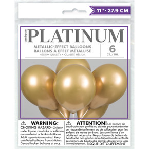 Pack of 6 platinum metallic-effect balloons, 11 inches each, shown in packaging.