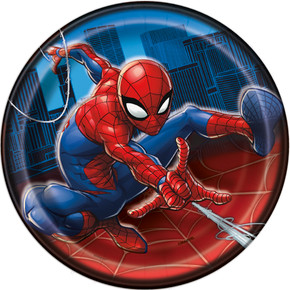 Marvel Spider-Man party plates featuring Spider-Man in a dynamic action pose against a city skyline, packaged as an 8-count set.