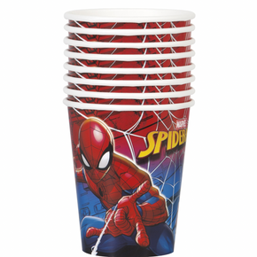 Paper cups featuring Spider-Man design displayed together