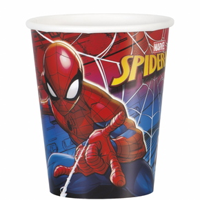 Close-up of Spider-Man design on paper cups