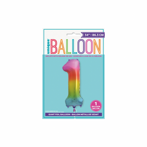 Bright rainbow foil balloon shaped like number one