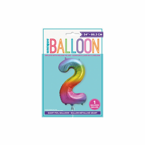 Large rainbow number 2 foil balloon for birthday party setup