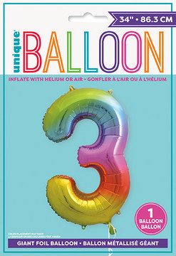 34" Rainbow Foil Balloon Number 3
