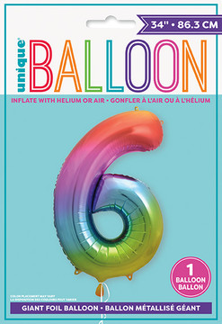 34" Rainbow Foil Balloon Number 6
