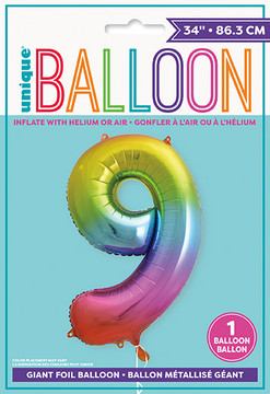 34" Rainbow Foil Balloon Number 9