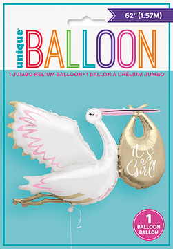 62-inch foil balloon shaped like a stork holding a pink “It’s a Girl!” bundle — great for baby showers and gender reveals.