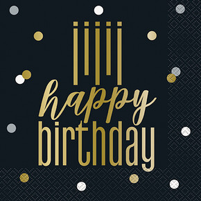 Black and gold decorative napkin with "Happy Birthday" lettering and confetti accents.
