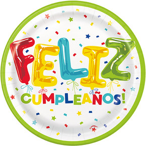 7" Feliz Cumpleanos (Spanish Happy Birthday) Balloon Décor Birthday Plates  8ct