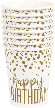 9oz Confetti Gold Happy Birthday Paper Cups 8ct