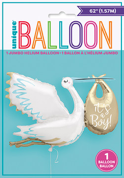 Giant 62-inch foil balloon in the shape of a stork holding a blue “It’s a Boy!” bundle, perfect for baby showers and announcements.
