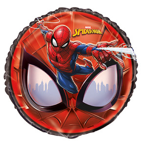 Marvel Spider-Man foil balloon featuring Spider-Man in a web-slinging pose over a red Spider-Man mask design with a cityscape background.