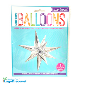 Front and back packaging of Unique Party Large Star-Burst Foil Balloon, featuring instructions and warnings.
