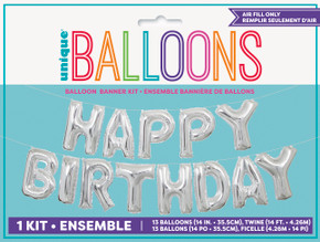 Packaged Silver Happy Birthday Balloon Banner Kit with "Unique Balloons" label.